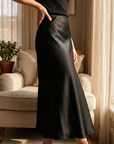 Women's Long Satin Fishtail Skirt – Elegant Bias-Cut A-Line Midi Skirt in Triacetate Blend with Smooth Draping for Office & Casual Wear