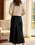 Women's Long Satin Fishtail Skirt – Elegant Bias-Cut A-Line Midi Skirt in Triacetate Blend with Smooth Draping for Office & Casual Wear