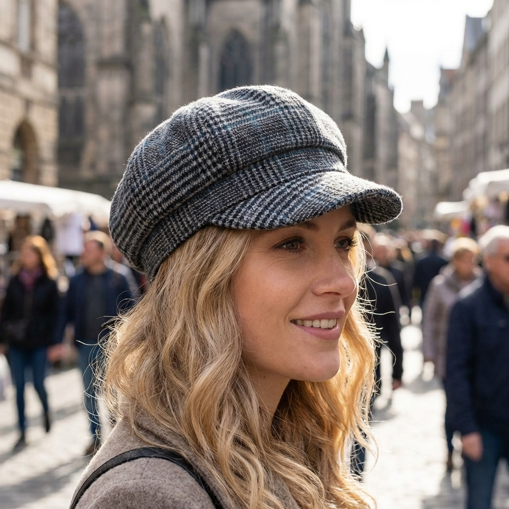 Verstellbare Damen-Baskenmütze aus Wolle mit Schottenmuster – Klassische Tartan-Achteckige Malermütze mit faltbarem Design