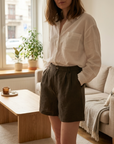 Damen-Shorts aus 100 % Leinen mit hoher Taille – atmungsaktive Casual-Shorts mit elastischem Bund und Taschen