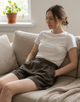 Damen-Shorts aus 100 % Leinen mit hoher Taille – atmungsaktive Casual-Shorts mit elastischem Bund und Taschen