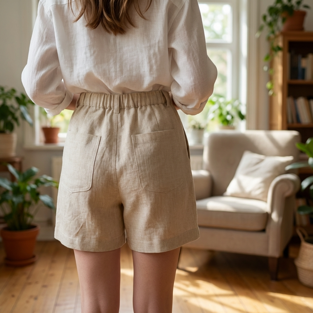 Damen-Shorts aus 100 % Leinen mit hoher Taille – atmungsaktive Casual-Shorts mit elastischem Bund und Taschen