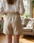 Damen-Shorts aus 100 % Leinen mit hoher Taille – atmungsaktive Casual-Shorts mit elastischem Bund und Taschen