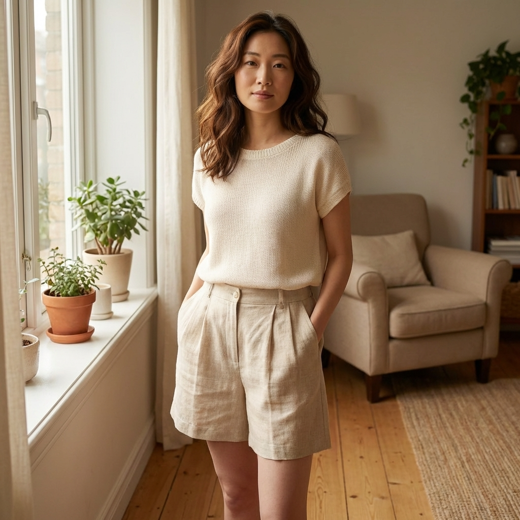 Damen-Shorts aus 100 % Leinen mit hoher Taille – atmungsaktive Casual-Shorts mit elastischem Bund und Taschen