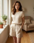 Damen-Shorts aus 100 % Leinen mit hoher Taille – atmungsaktive Casual-Shorts mit elastischem Bund und Taschen