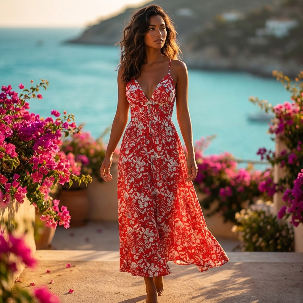 Damen rückenfreies Sommerkleid mit Blumenmuster – A-Linien Midikleid mit V-Ausschnitt, verstellbaren Trägern und leichtem, elegantem Design