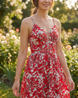 Damen rückenfreies Sommerkleid mit Blumenmuster – A-Linien Midikleid mit V-Ausschnitt, verstellbaren Trägern und leichtem, elegantem Design