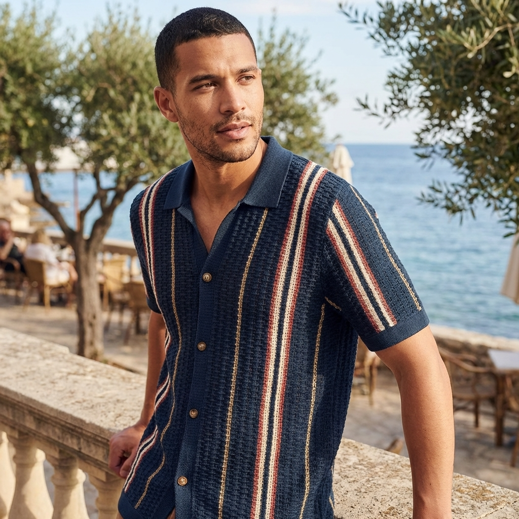 Men’s Hollow Knitted Polo Shirt – Breathable Ice Silk Short Sleeve Polo with Striped Design, Stretch Fit &amp; Summer Casual Style