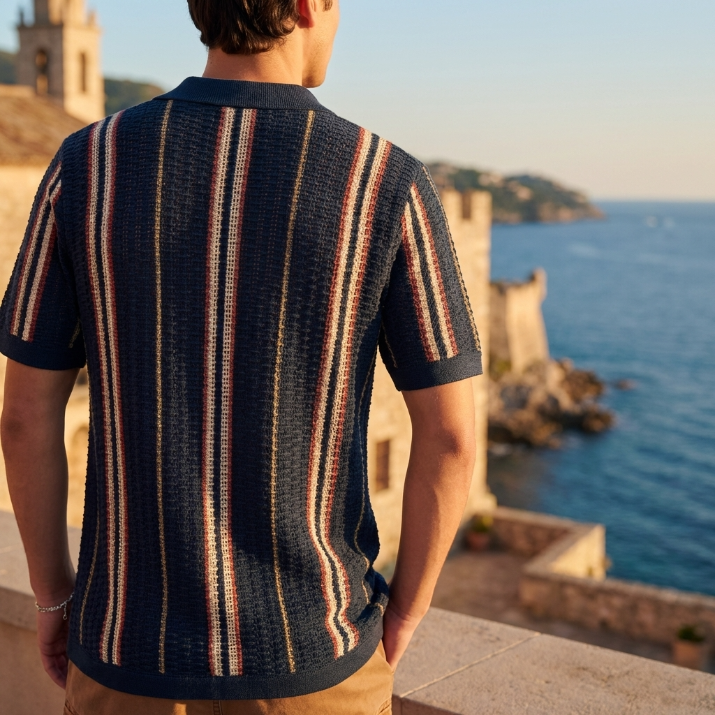 Men’s Hollow Knitted Polo Shirt – Breathable Ice Silk Short Sleeve Polo with Striped Design, Stretch Fit &amp; Summer Casual Style