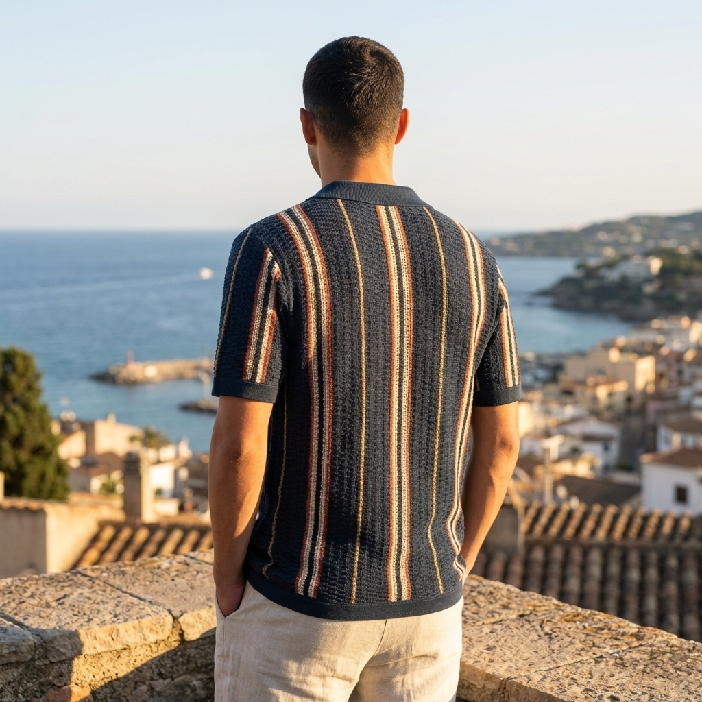 Men’s Hollow Knitted Polo Shirt – Breathable Ice Silk Short Sleeve Polo with Striped Design, Stretch Fit &amp; Summer Casual Style