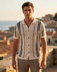 Men’s Hollow Knitted Polo Shirt – Breathable Ice Silk Short Sleeve Polo with Striped Design, Stretch Fit & Summer Casual Style