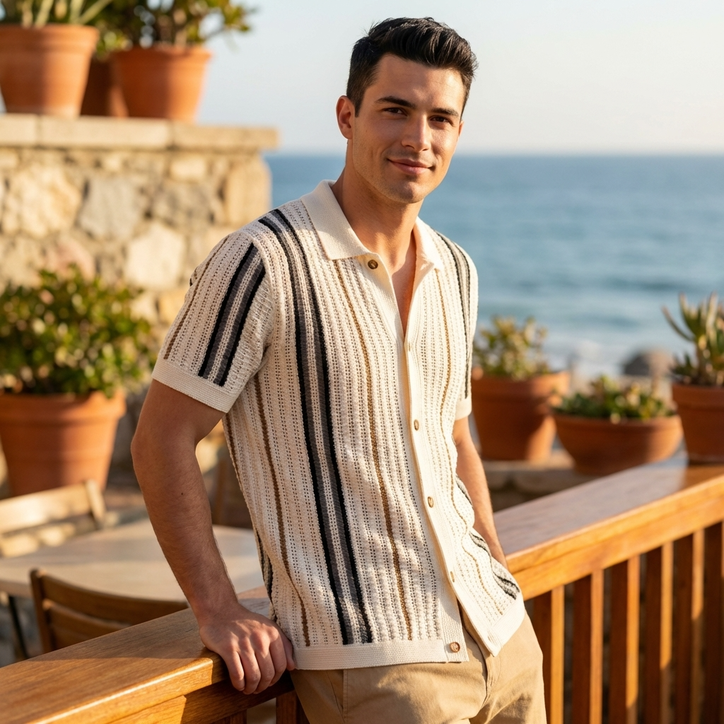 Men’s Hollow Knitted Polo Shirt – Breathable Ice Silk Short Sleeve Polo with Striped Design, Stretch Fit &amp; Summer Casual Style