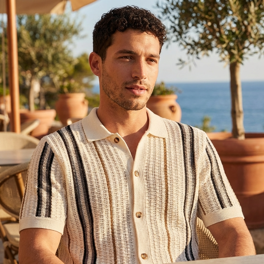 Men’s Hollow Knitted Polo Shirt – Breathable Ice Silk Short Sleeve Polo with Striped Design, Stretch Fit &amp; Summer Casual Style