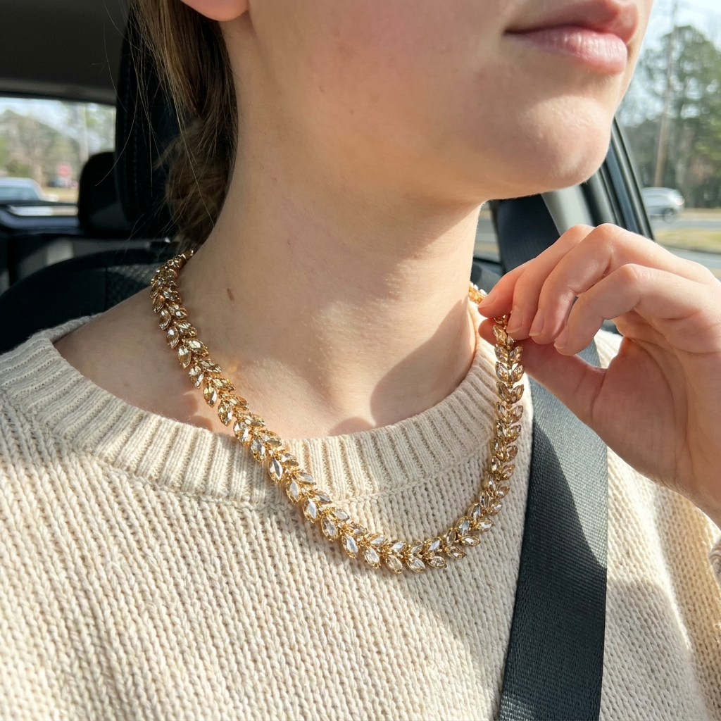 Women’s Crystal Leaf Necklace – Elegant Adjustable Chain with Vintage-Inspired Design &amp; Sparkling Statement Pendant