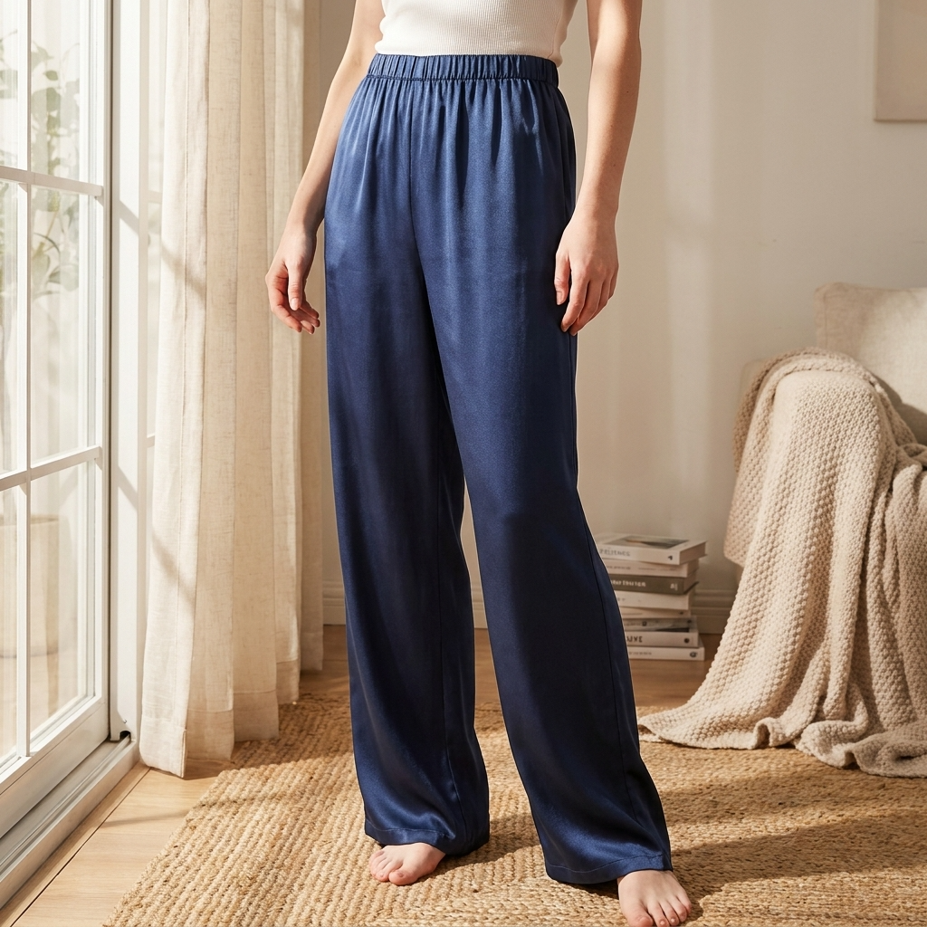 Elegante Damen-Hose aus Acetat mit weitem Bein – Satin-Haptik, hoher Bund, fließender Fall, kühlender Komfort