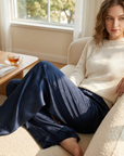 Elegante Damen-Hose aus Acetat mit weitem Bein – Satin-Haptik, hoher Bund, fließender Fall, kühlender Komfort