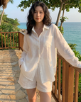 Damen Tencel Zweiteiler – Weiches Lyocell Hemd & Shorts Outfit mit geometrischem Print, atmungsaktivem Stoff & lässig-elegantem Stil