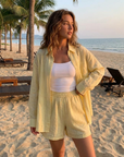 Damen Tencel Zweiteiler – Weiches Lyocell Hemd & Shorts Outfit mit geometrischem Print, atmungsaktivem Stoff & lässig-elegantem Stil