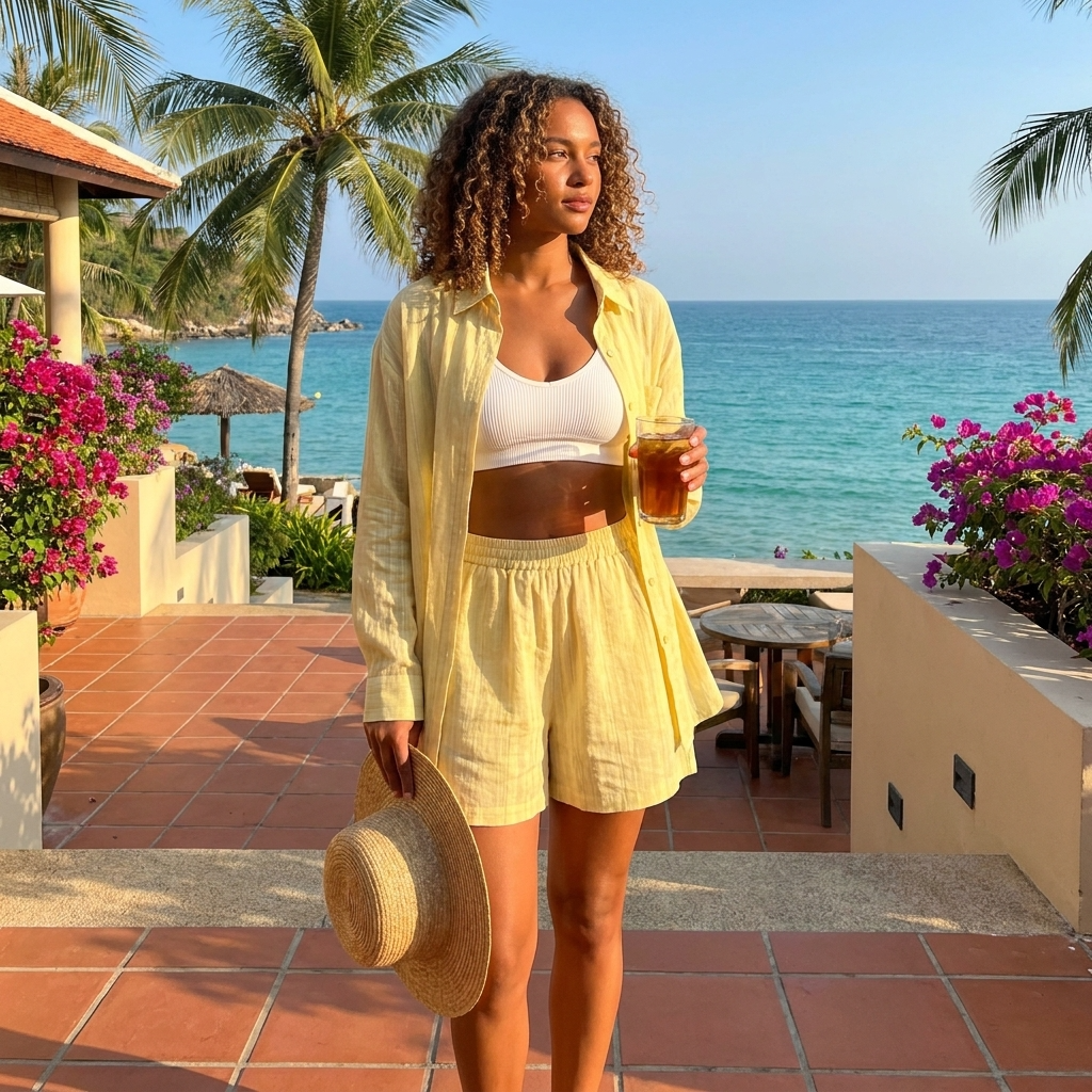 Damen Tencel Zweiteiler – Weiches Lyocell Hemd &amp; Shorts Outfit mit geometrischem Print, atmungsaktivem Stoff &amp; lässig-elegantem Stil