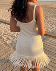 Robe de soirée moulante bohème à pampilles pour femme – Mini-robe sans manches tissée à la main et taille haute
