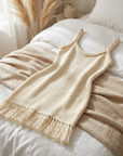 Robe de soirée moulante bohème à pampilles pour femme – Mini-robe sans manches tissée à la main et taille haute