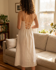 Damen Neckholder-Kleid mit eckigem Ausschnitt und Rückenausschnitt – Ärmelloses A-Linien-Sommer-Midikleid aus Baumwolle