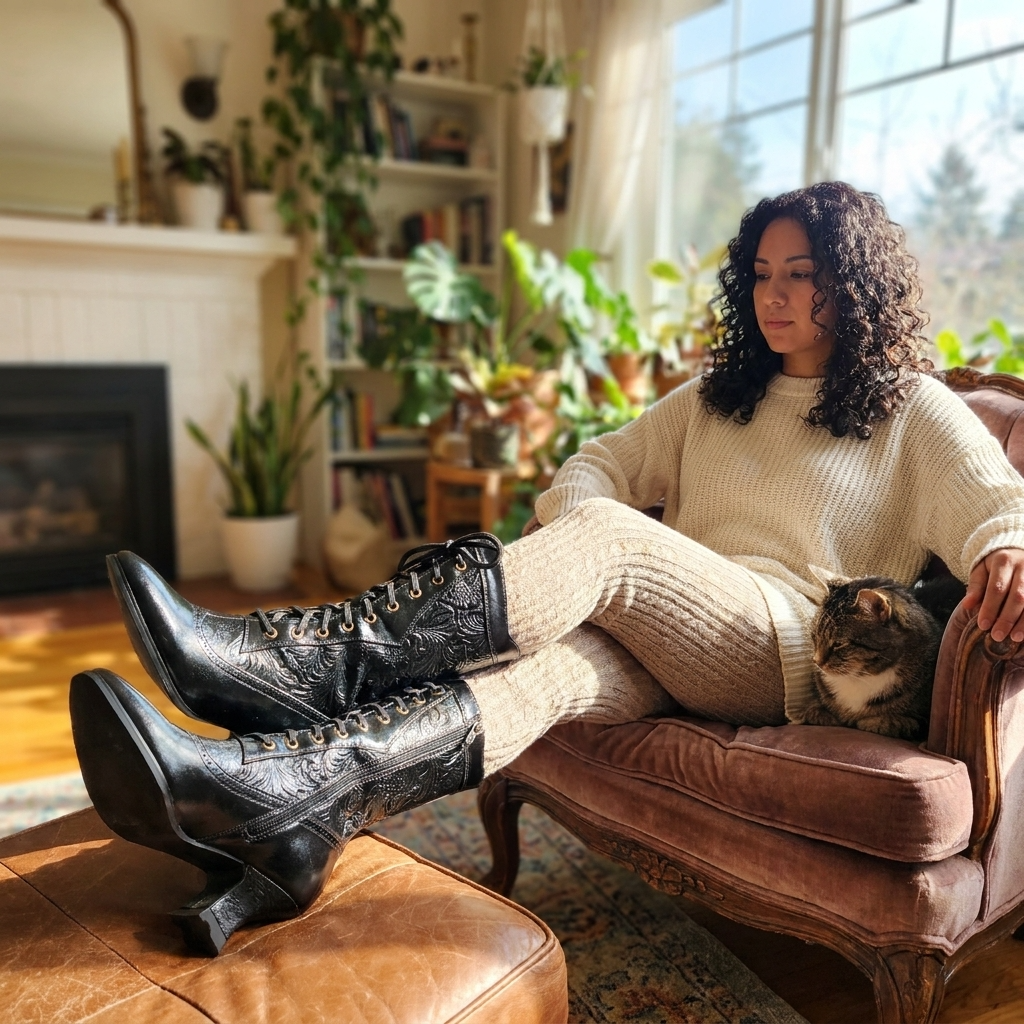Damenstiefel aus echtem Lammfell, wadenhoch – Vintage-Schnürstiefel mit geschnitztem, speziell geformtem Absatz