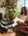 Damenstiefel aus echtem Lammfell, wadenhoch – Vintage-Schnürstiefel mit geschnitztem, speziell geformtem Absatz