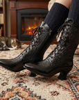 Damenstiefel aus echtem Lammfell, wadenhoch – Vintage-Schnürstiefel mit geschnitztem, speziell geformtem Absatz
