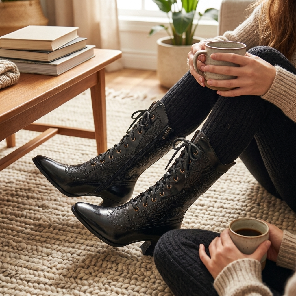 Damenstiefel aus echtem Lammfell, wadenhoch – Vintage-Schnürstiefel mit geschnitztem, speziell geformtem Absatz