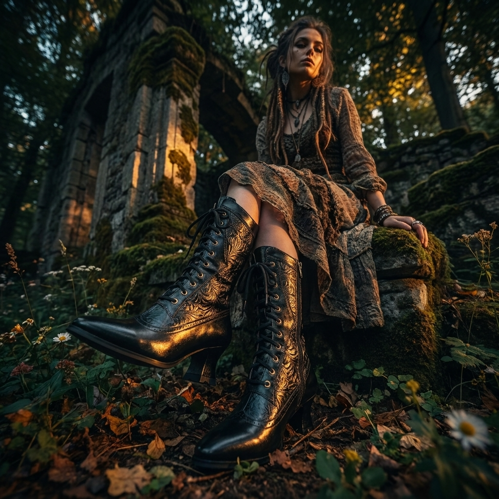Damenstiefel aus echtem Lammfell, wadenhoch – Vintage-Schnürstiefel mit geschnitztem, speziell geformtem Absatz