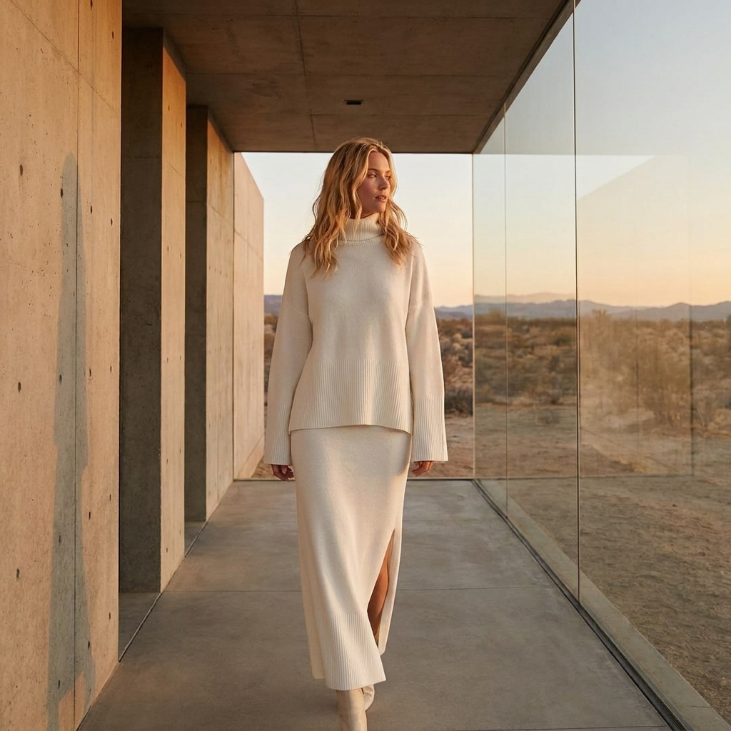 Women's Loose Sweater &amp; Split Long Skirt Set – Viscose Two-Piece for Spring, Autumn &amp; Winter