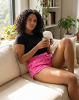 Damen High-Waist Baumwoll-Frottee-Shorts – lockere Lounge-Shorts mit Kordelzug und Taschen, S–L, 5 Farben
