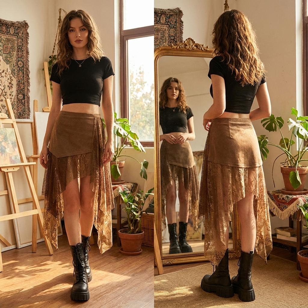 Jupe asymétrique taille haute trapèze pour femme – Jupe midi volantée avec détails en dentelle et coupe ajustée