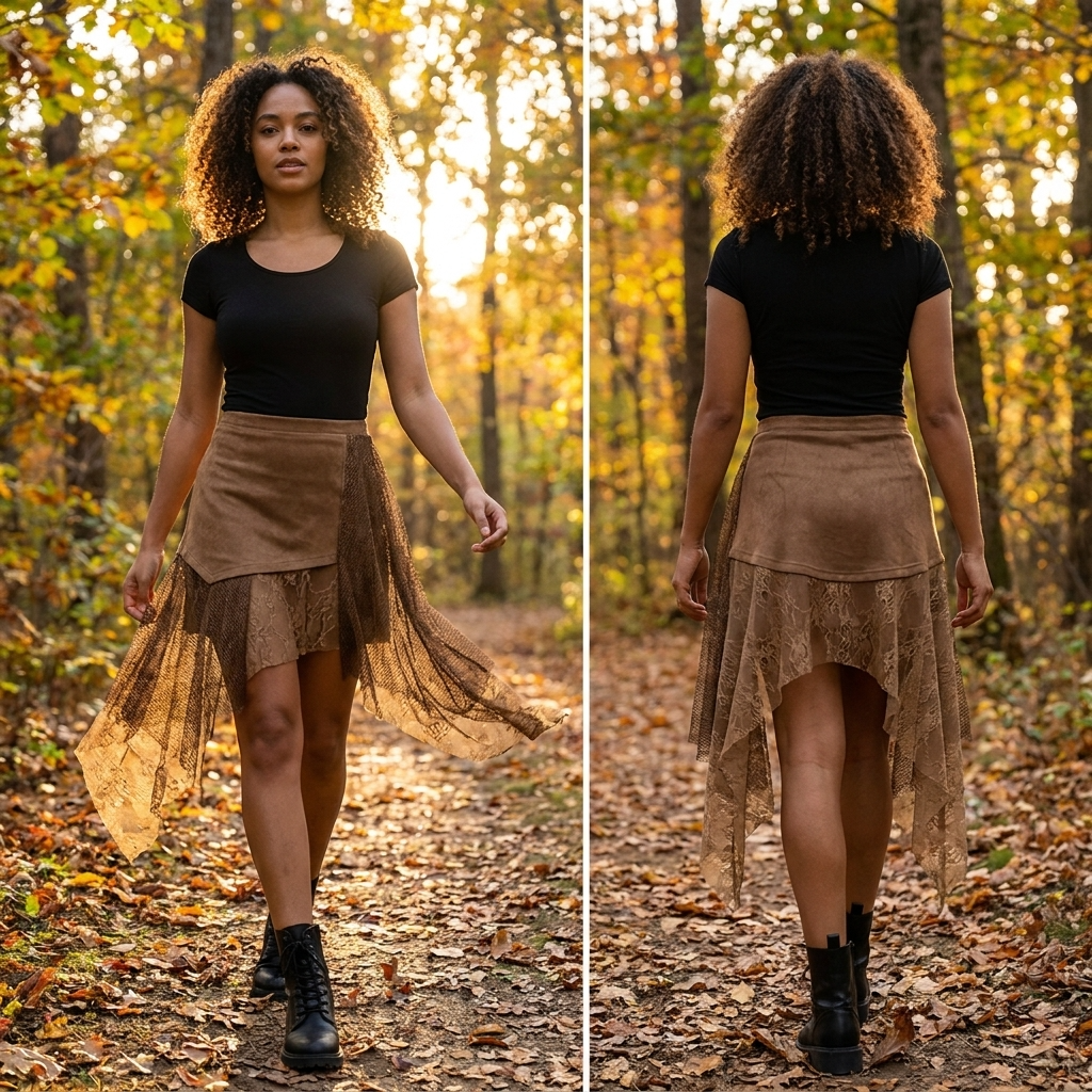Jupe asymétrique taille haute trapèze pour femme – Jupe midi volantée avec détails en dentelle et coupe ajustée