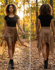 Jupe asymétrique taille haute trapèze pour femme – Jupe midi volantée avec détails en dentelle et coupe ajustée
