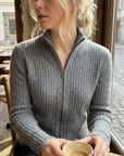 Damen-Cardigan aus 100 % Kaschmir – koreanischer Stil, schmal geschnitten, Rollkragen, Reißverschluss-Pullover