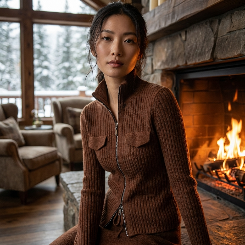 Damen-Cardigan aus 100 % Kaschmir – koreanischer Stil, schmal geschnitten, Rollkragen, Reißverschluss-Pullover