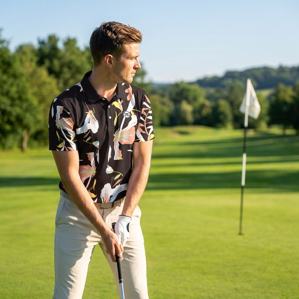 Golf-Polohemd für Herren mit Print, kurzärmlig – Atmungsaktives Blumen-Performance-Oberteil aus Baumwoll-Spandex, S–5XL