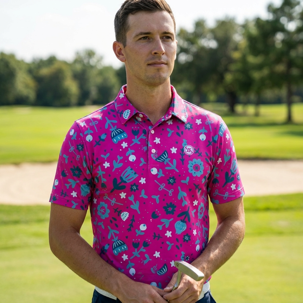 Golf-Polohemd für Herren mit Print, kurzärmlig – Atmungsaktives Blumen-Performance-Oberteil aus Baumwoll-Spandex, S–5XL