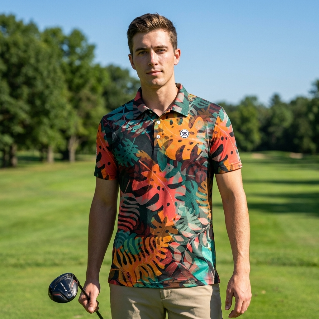 Golf-Polohemd für Herren mit Print, kurzärmlig – Atmungsaktives Blumen-Performance-Oberteil aus Baumwoll-Spandex, S–5XL