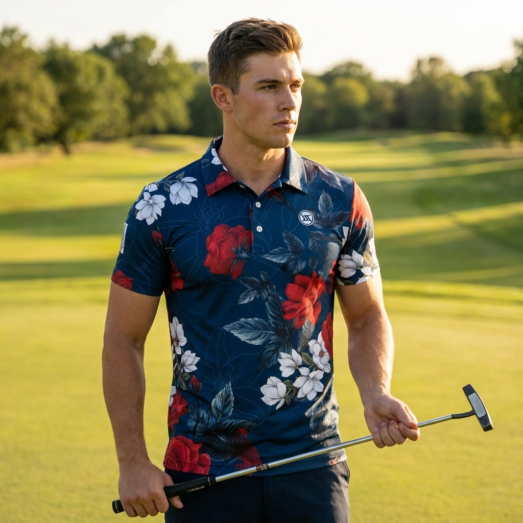 Golf-Polohemd für Herren mit Print, kurzärmlig – Atmungsaktives Blumen-Performance-Oberteil aus Baumwoll-Spandex, S–5XL