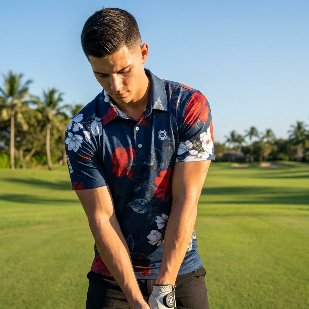 Golf-Polohemd für Herren mit Print, kurzärmlig – Atmungsaktives Blumen-Performance-Oberteil aus Baumwoll-Spandex, S–5XL