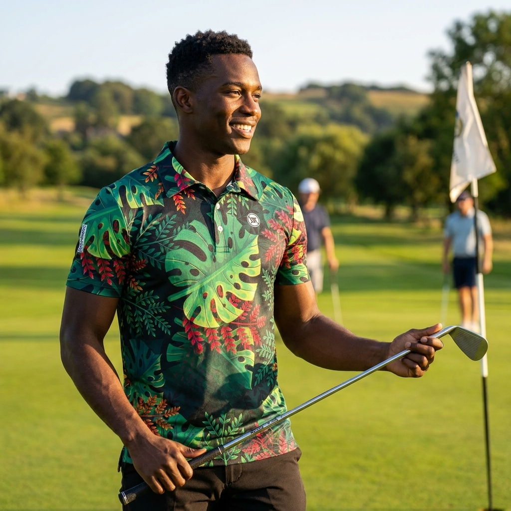 Golf-Polohemd für Herren mit Print, kurzärmlig – Atmungsaktives Blumen-Performance-Oberteil aus Baumwoll-Spandex, S–5XL