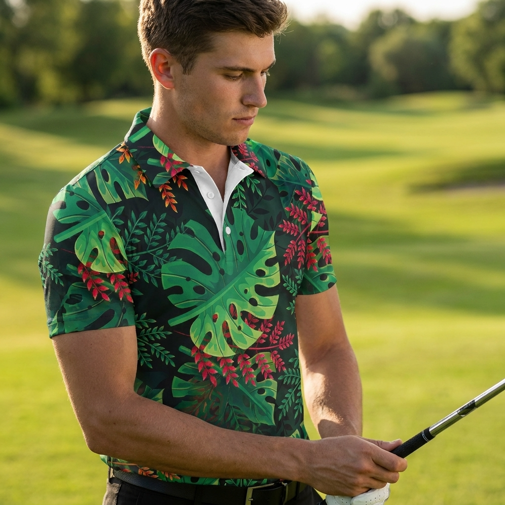 Golf-Polohemd für Herren mit Print, kurzärmlig – Atmungsaktives Blumen-Performance-Oberteil aus Baumwoll-Spandex, S–5XL