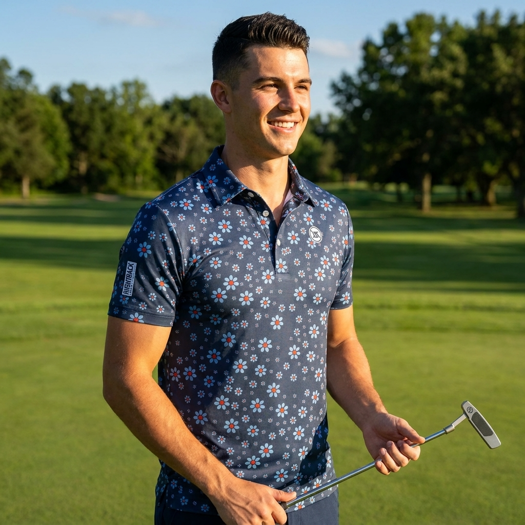 Golf-Polohemd für Herren mit Print, kurzärmlig – Atmungsaktives Blumen-Performance-Oberteil aus Baumwoll-Spandex, S–5XL