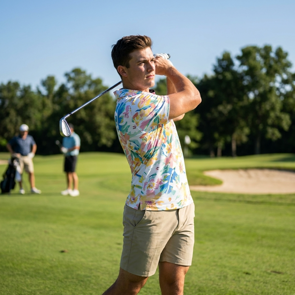 Golf-Polohemd für Herren mit Print, kurzärmlig – Atmungsaktives Blumen-Performance-Oberteil aus Baumwoll-Spandex, S–5XL