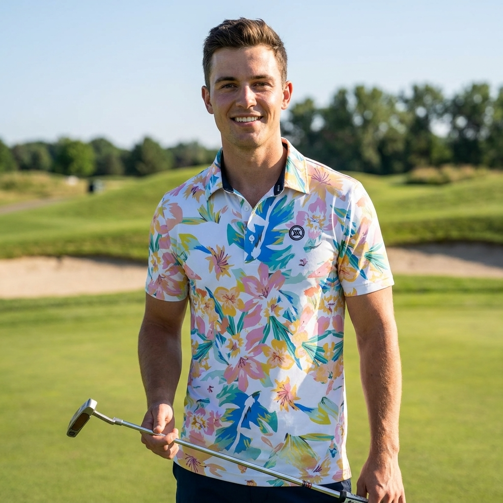 Golf-Polohemd für Herren mit Print, kurzärmlig – Atmungsaktives Blumen-Performance-Oberteil aus Baumwoll-Spandex, S–5XL