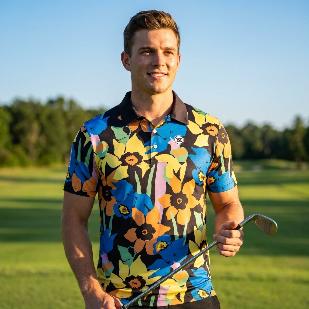 Golf-Polohemd für Herren mit Print, kurzärmlig – Atmungsaktives Blumen-Performance-Oberteil aus Baumwoll-Spandex, S–5XL