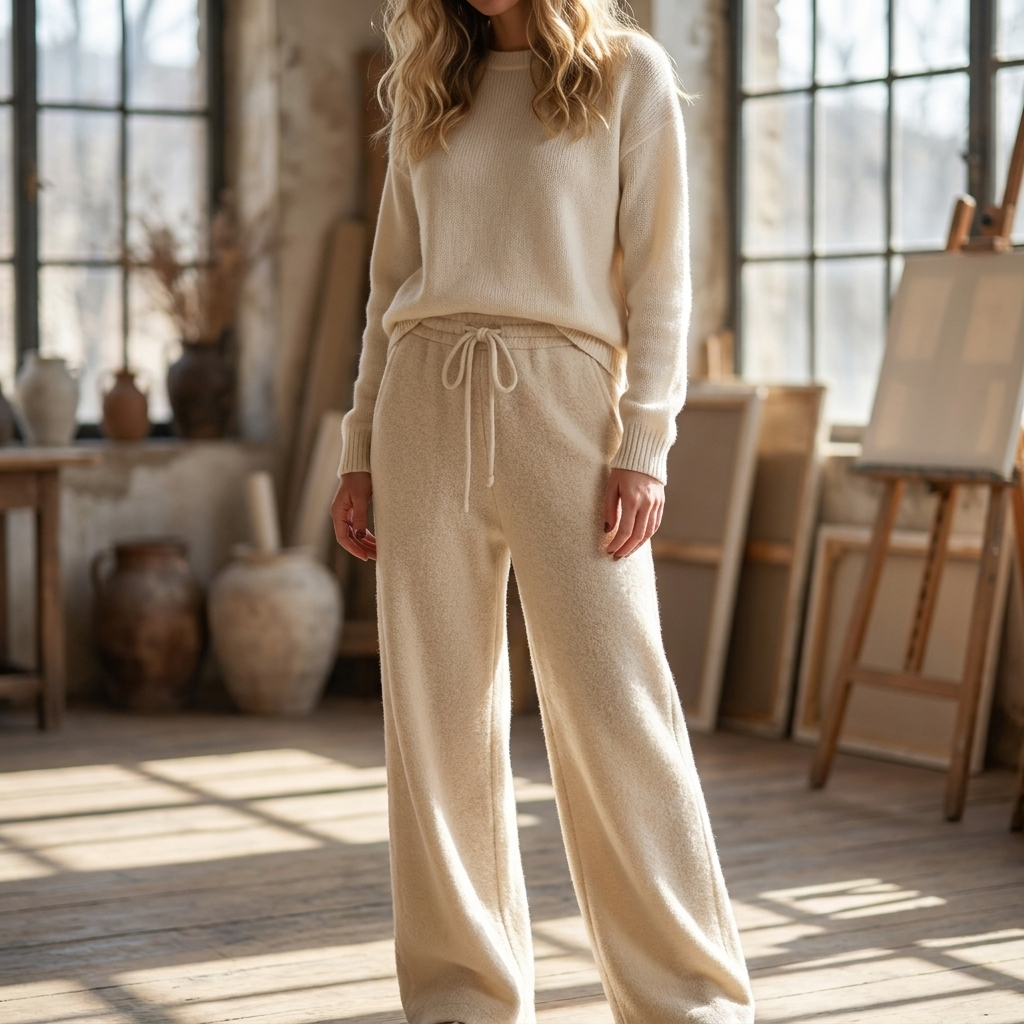 Women's High-Waisted Wide-Leg Wool Blend Pants – Fleece-Lined Straight Trousers with Elastic Waist, Soft Silk Blend &amp; Elegant Winter Style